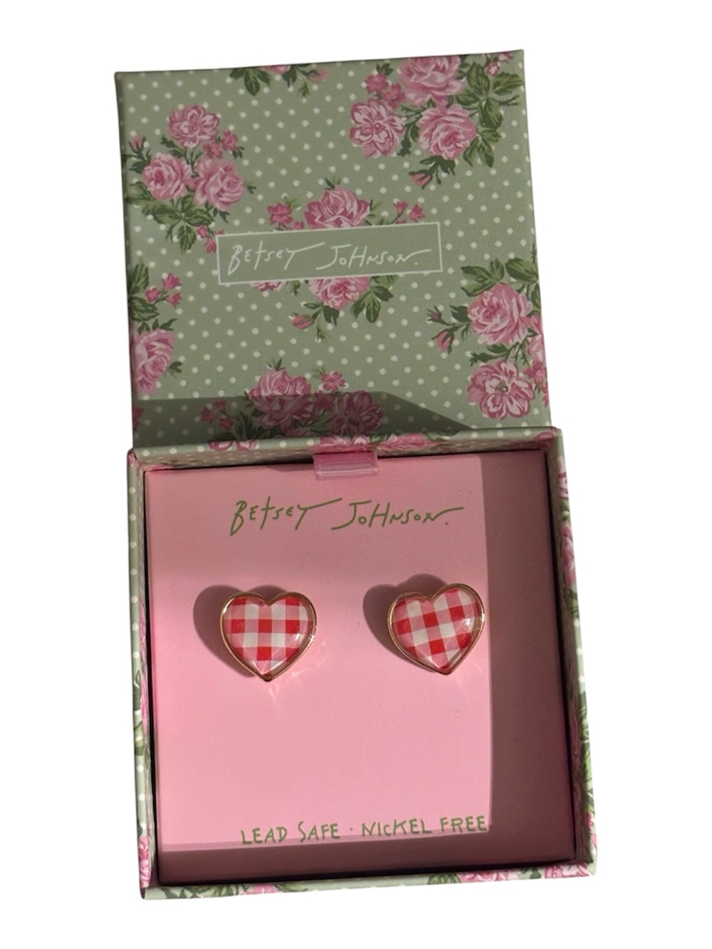 Betsey Johnson Red and White Gingham Heart Stud Earrings